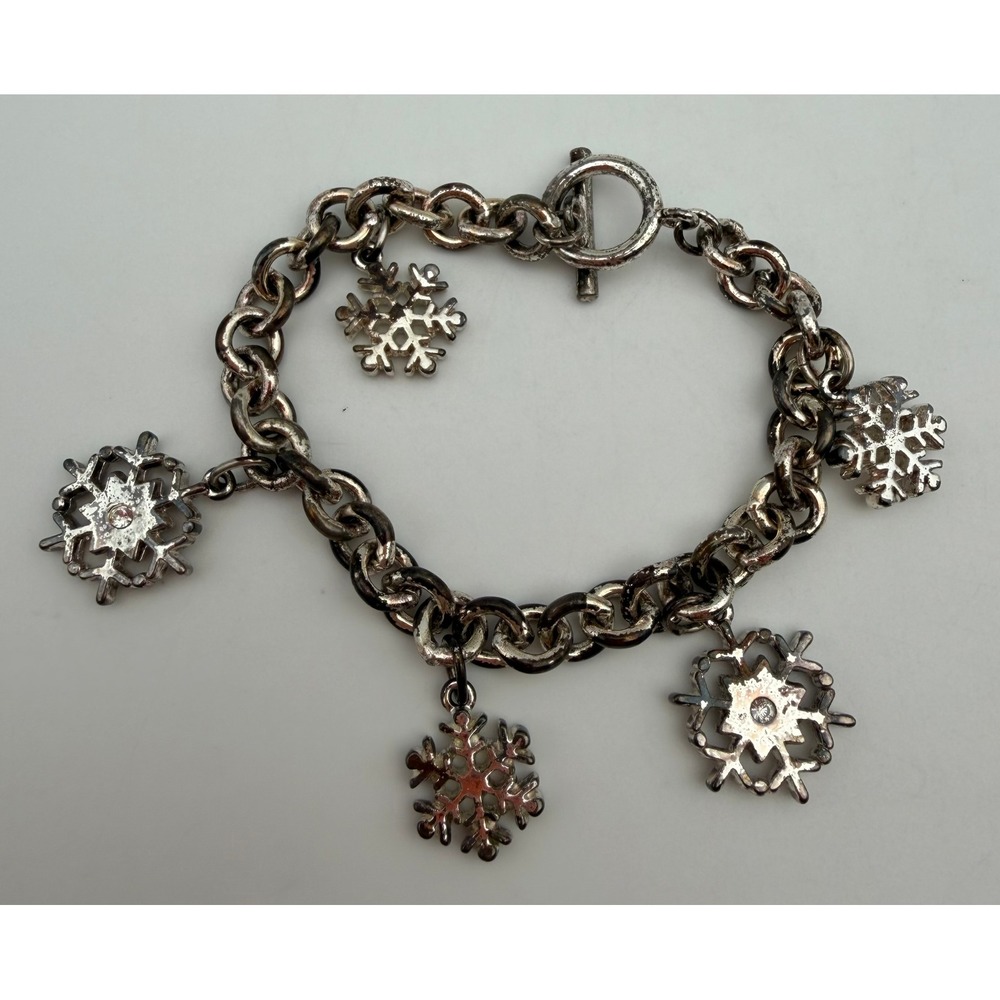 Silver Tone Snowflake Charm Bracelet Chunky Chain Toggle Clasp Rhinestone Q038